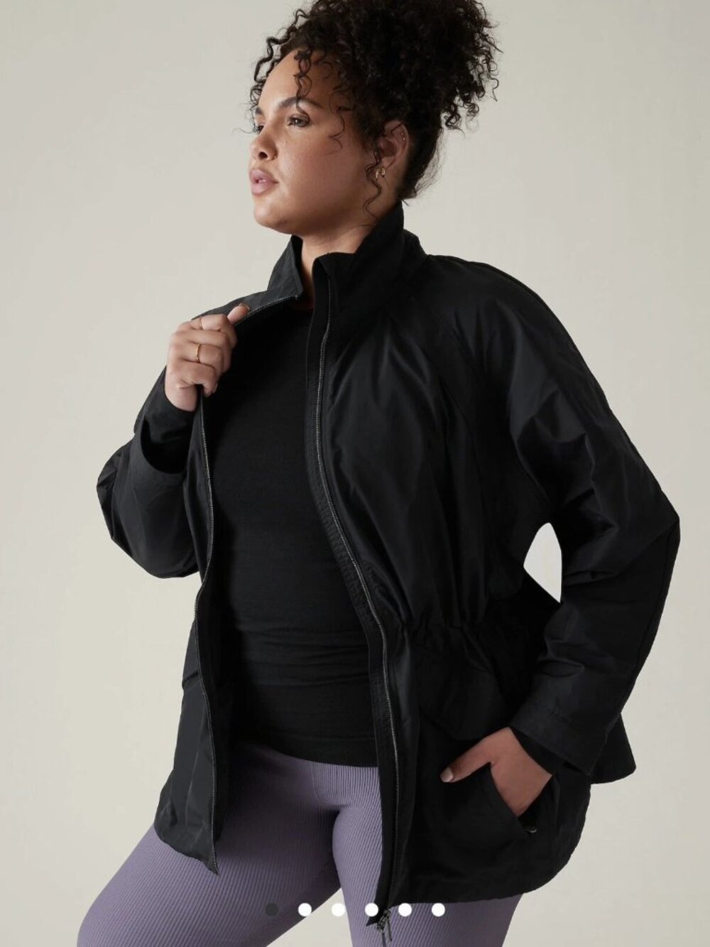 Athleta Westerly Black Jacket Large Zip Front Packable Windbreaker/Rain Jacket